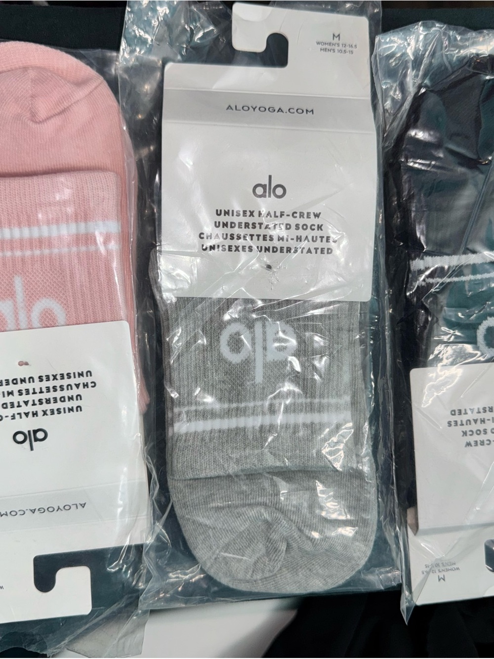 Alo Yoga Unisex Half Crew Socks 3 Pair Bundle Black Gray Pink Size M